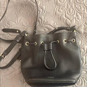 RADLEY LONDON Black Pebbled Leather Drawstring Crossbody with Gold Hardware